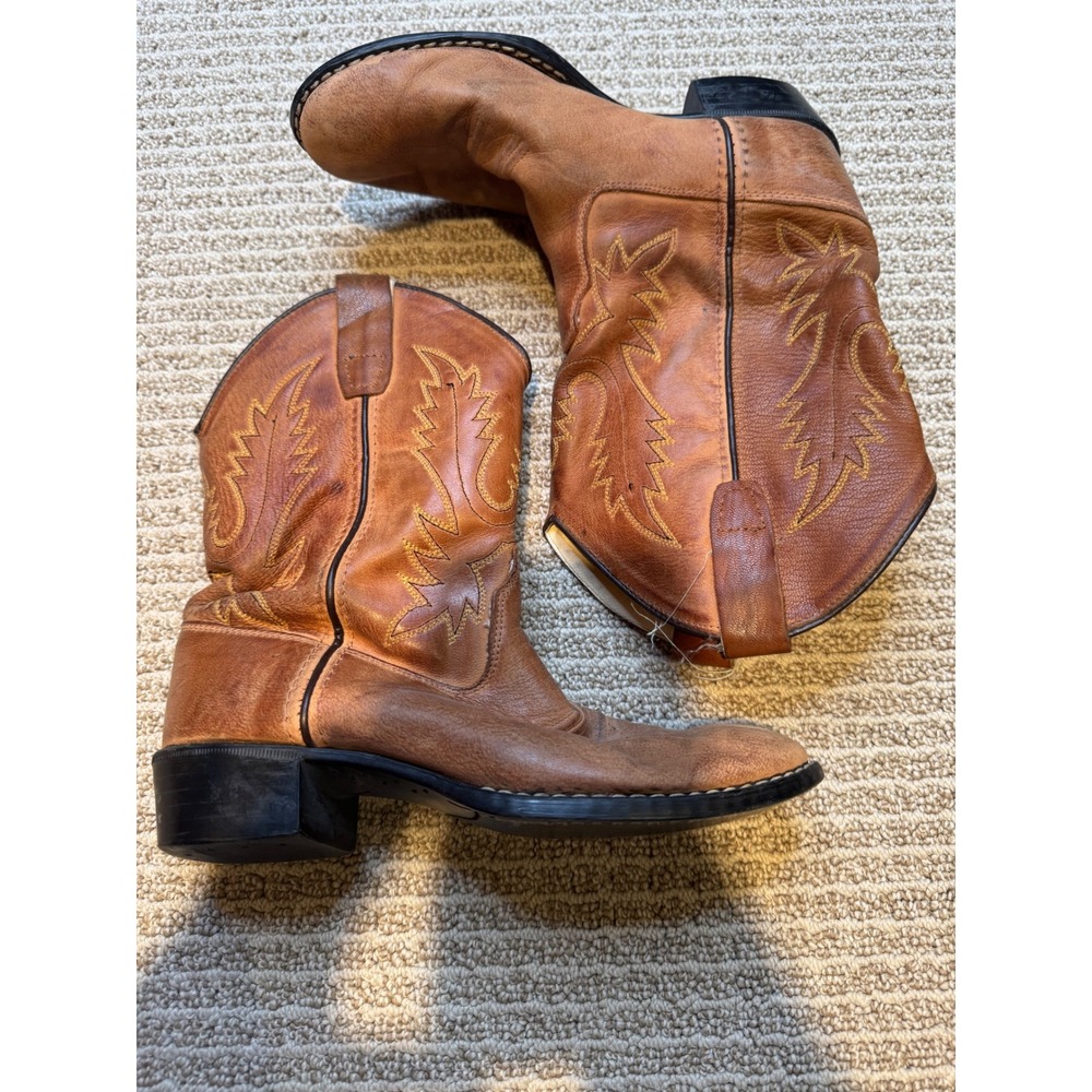 Old West Brown‎ Leather Western Cowboy Boots 1129 Tan Stitched Rounded Toe